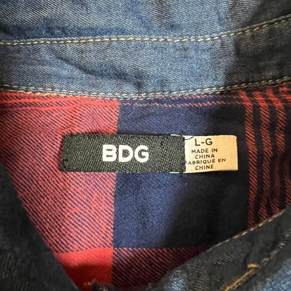 BDG Women's Mixed Media Plaid Flannel Denim Button Up Shirt Size Large Casual - Picture 4 of 9